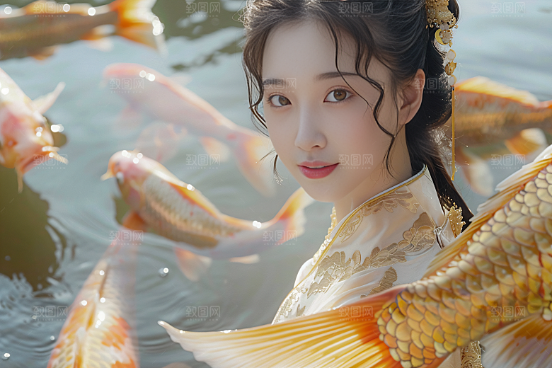 锦鲤汉服美女精致唯美素材