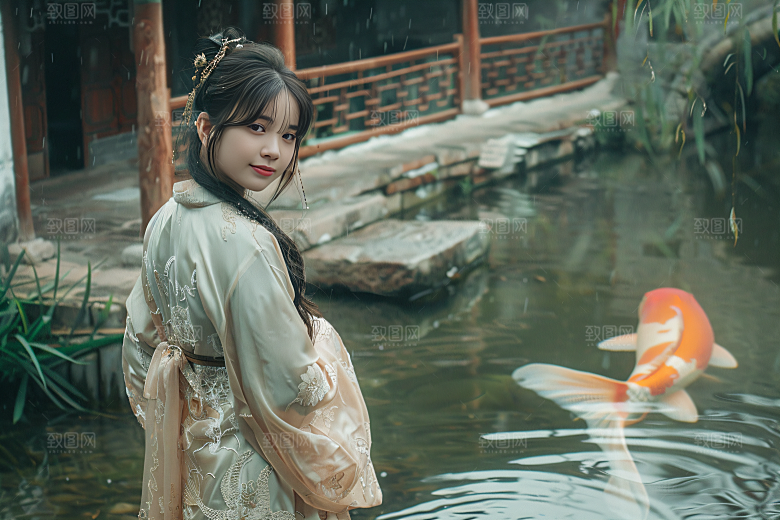 锦鲤汉服美女中国风吉祥素材