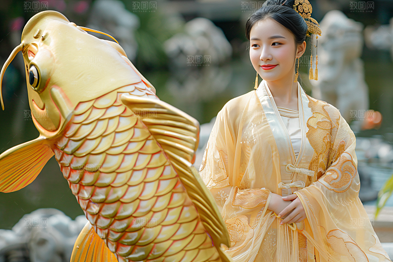 锦鲤汉服美女古风唯美素材