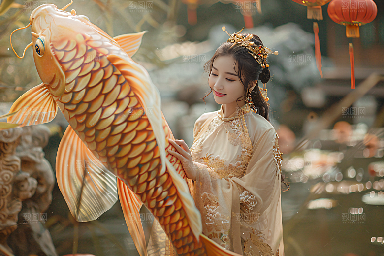 锦鲤汉服美女唯美人像素材