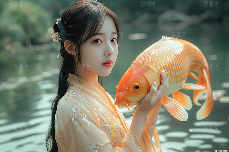 锦鲤汉服美女金鱼精致素材