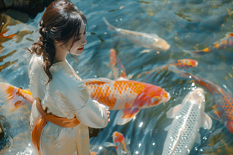 锦鲤汉服美女古风人像素材