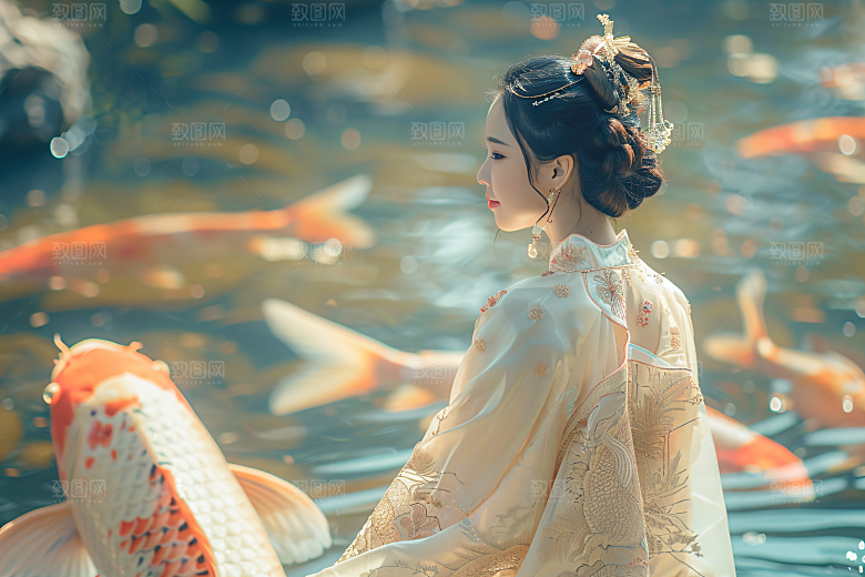 锦鲤汉服美女优雅中国风素材