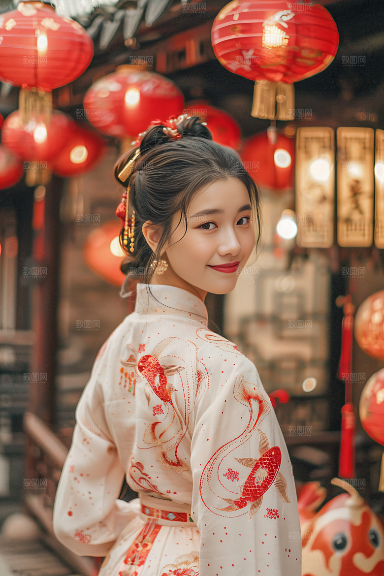 锦鲤汉服美女中国风古风素材