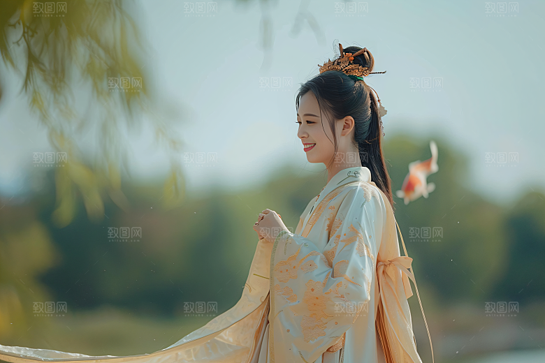 锦鲤汉服美女吉祥金鱼素材