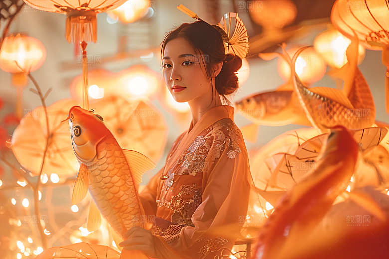 锦鲤汉服美女精致金鱼素材