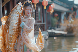锦鲤汉服美女优雅精致素材