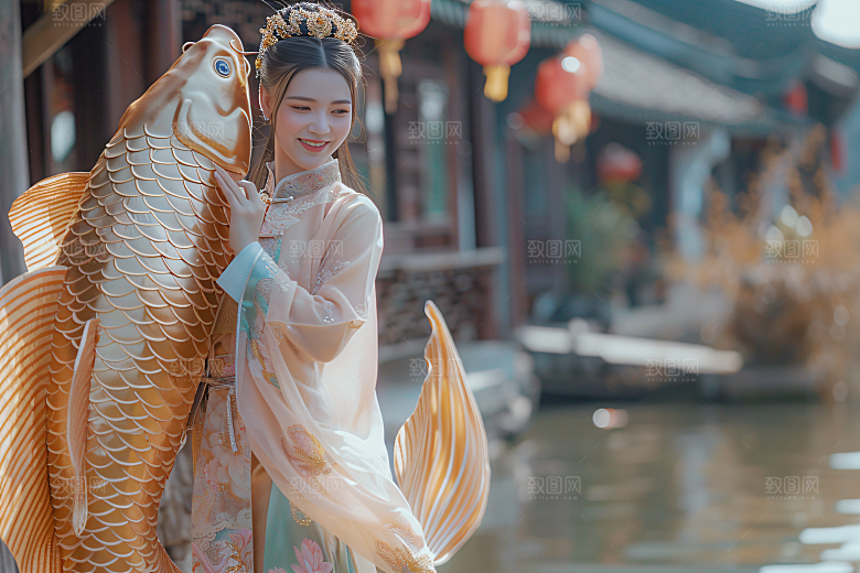 锦鲤汉服美女优雅精致素材
