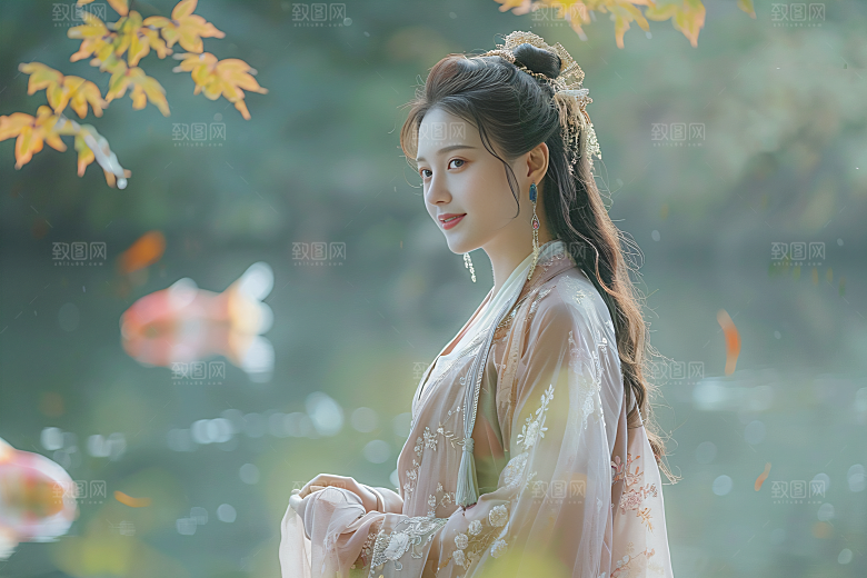 锦鲤汉服美女古风唯美素材