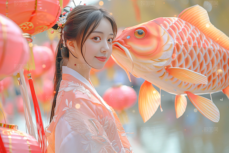 锦鲤汉服美女优雅中国风素材