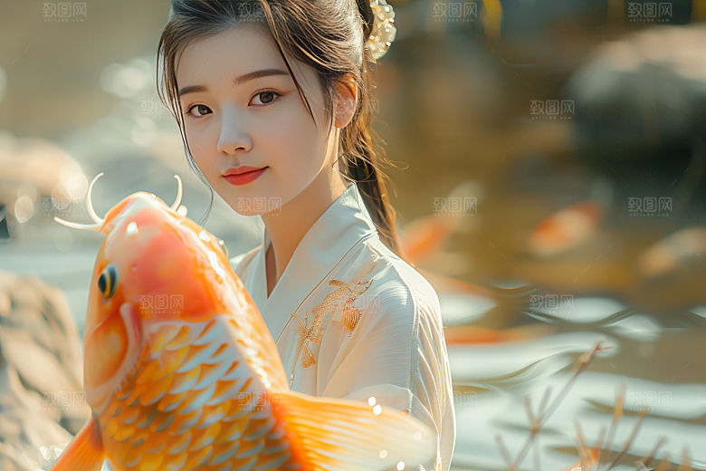 锦鲤汉服美女高清唯美素材