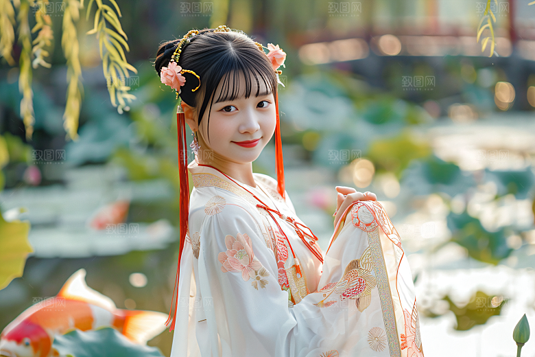 锦鲤汉服美女传统古风素材