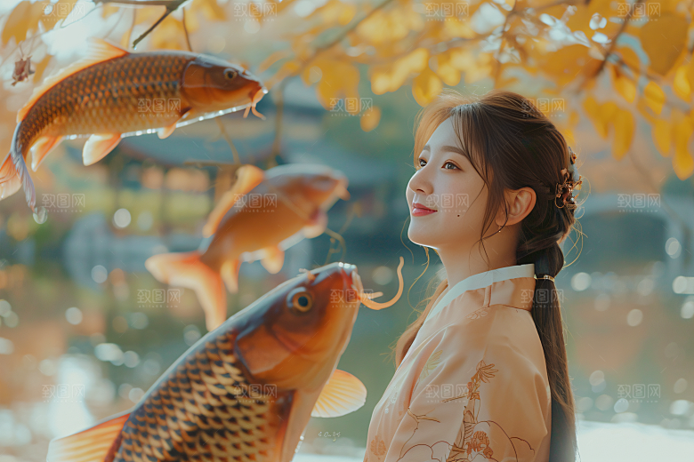 锦鲤汉服美女中国风肖像素材
