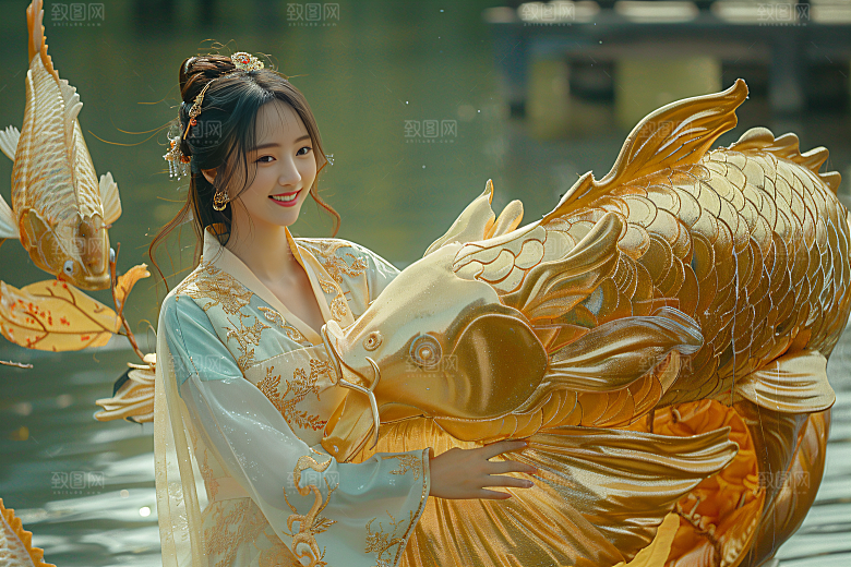 锦鲤汉服美女唯美吉祥素材
