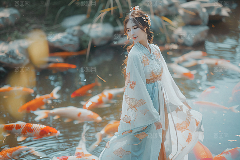 锦鲤汉服美女优雅吉祥素材