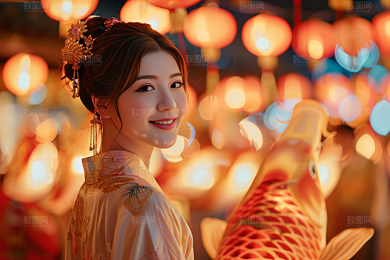锦鲤汉服美女精致中国风素材