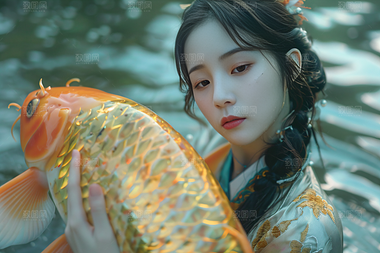 锦鲤汉服美女高清金鱼素材