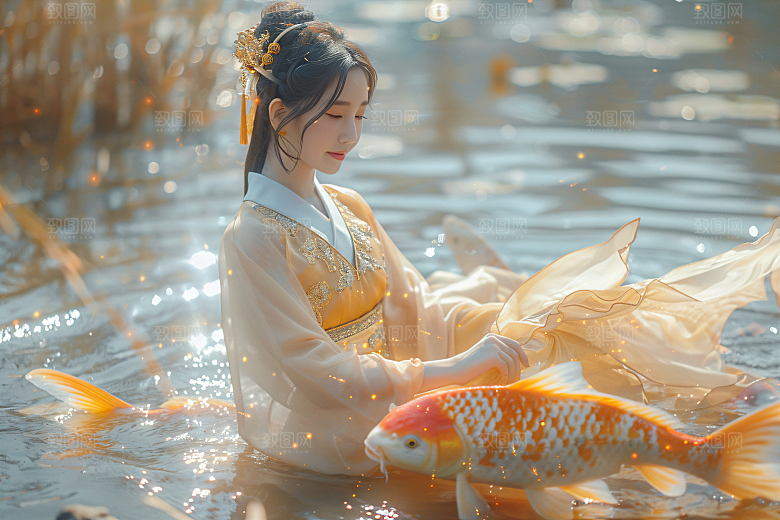 锦鲤汉服美女传统优雅素材