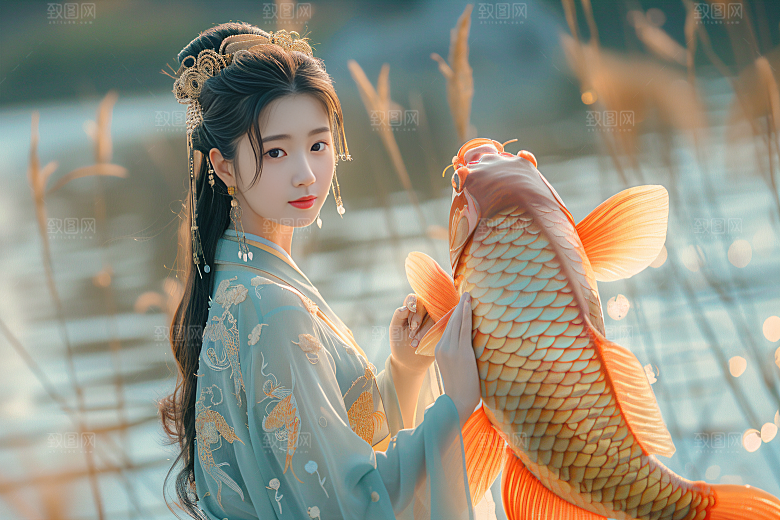 锦鲤汉服美女唯美中国风素材