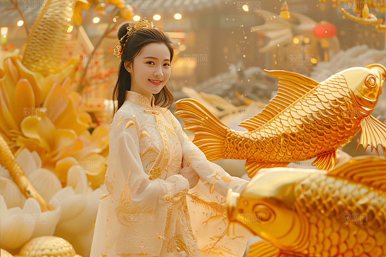 锦鲤汉服美女精致优雅素材