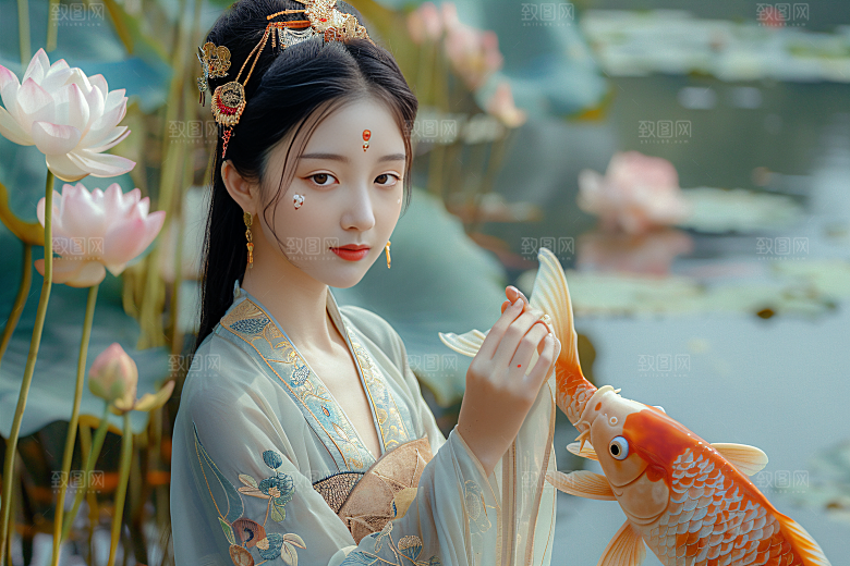 锦鲤汉服美女人像传统素材