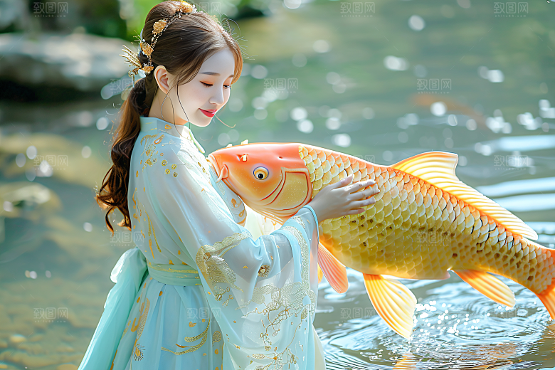 锦鲤汉服美女优雅吉祥素材