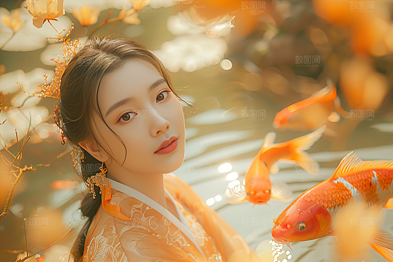 锦鲤汉服美女金鱼优雅素材