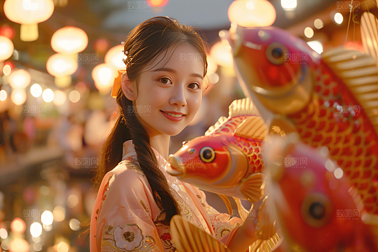 锦鲤汉服美女优雅古风素材