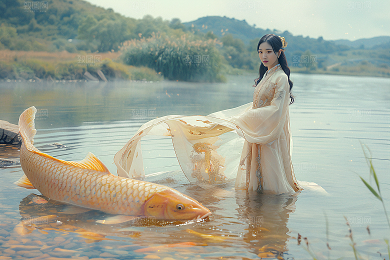 锦鲤汉服美女古风中国风素材