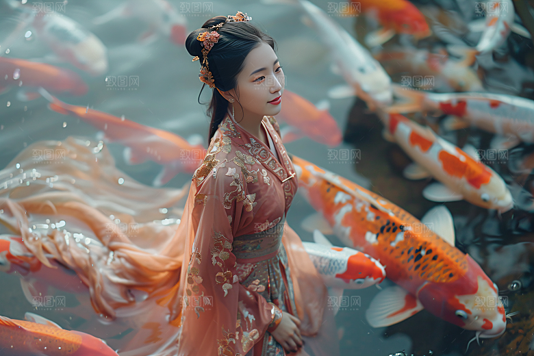 锦鲤汉服美女肖像传统素材