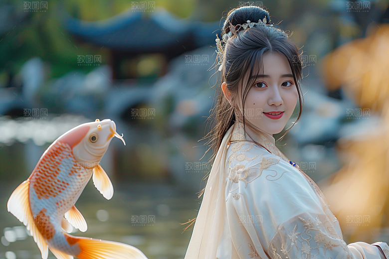 锦鲤汉服美女人像古风素材