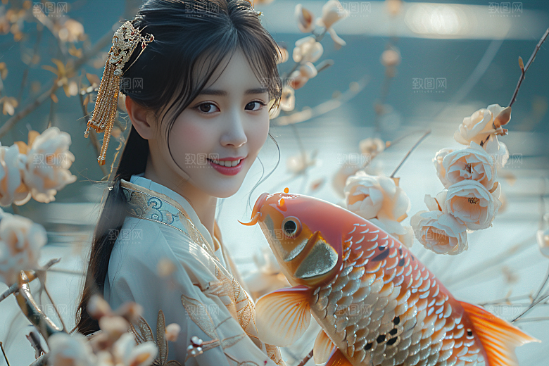 锦鲤汉服美女中国风吉祥素材