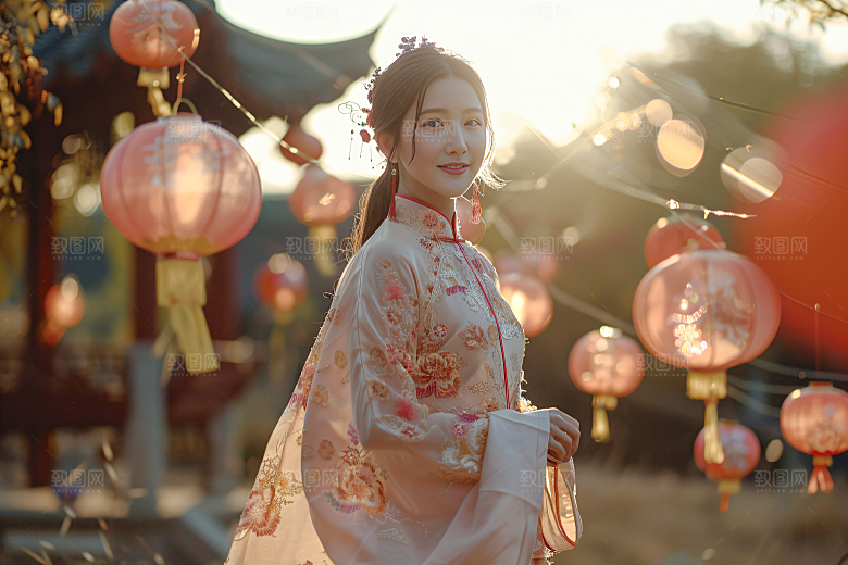 锦鲤汉服美女吉祥唯美素材