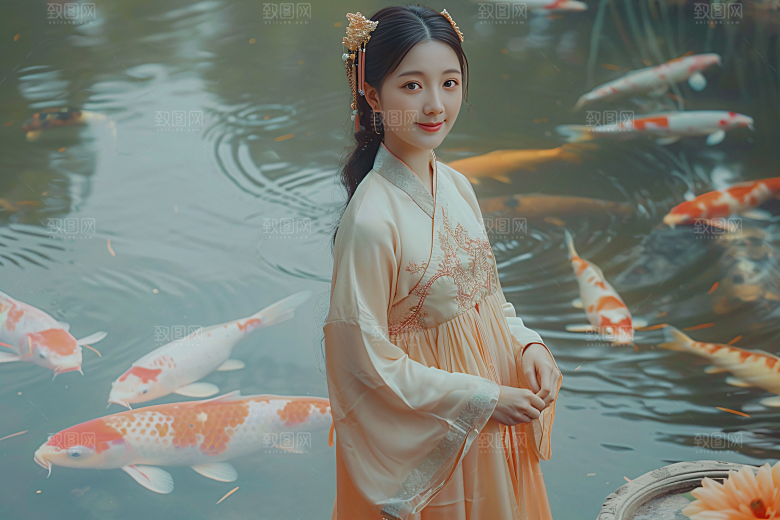 锦鲤汉服美女人像金鱼素材