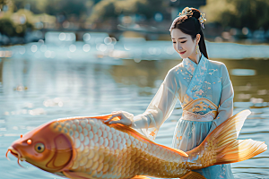 锦鲤汉服美女吉祥古风素材