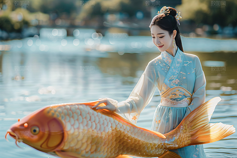 锦鲤汉服美女吉祥古风素材