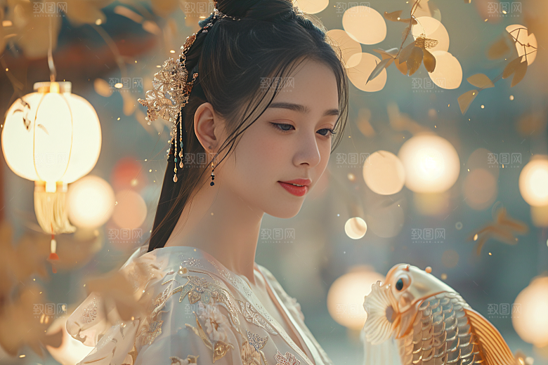 锦鲤汉服美女古风吉祥素材