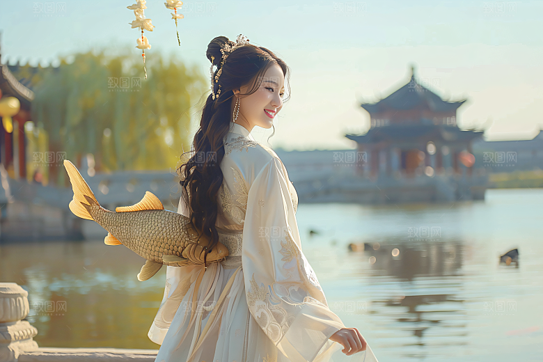 锦鲤汉服美女古风吉祥素材