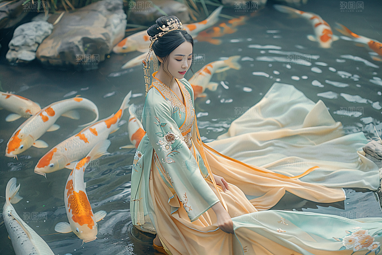 锦鲤汉服美女高清肖像素材
