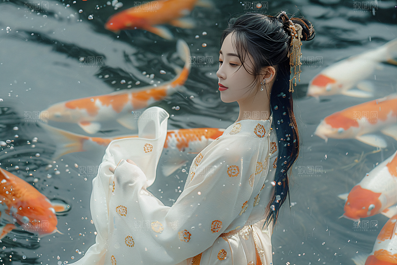 锦鲤汉服美女传统吉祥素材