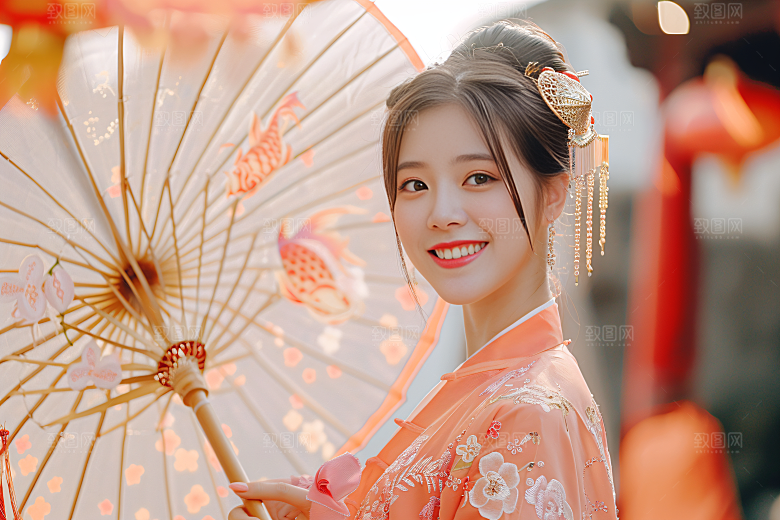 锦鲤汉服美女唯美传统素材
