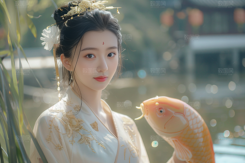 锦鲤汉服美女古风唯美素材