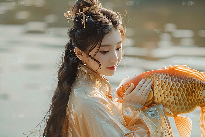 锦鲤汉服美女精致金鱼素材