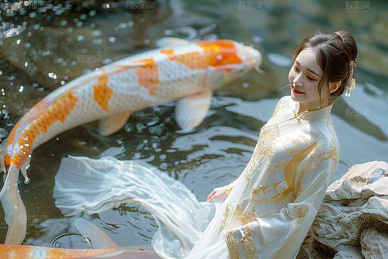 锦鲤汉服美女高清传统素材