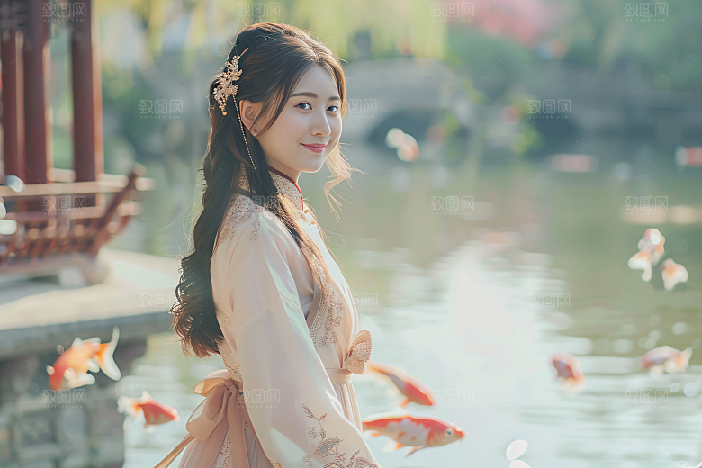 锦鲤汉服美女优雅精致素材