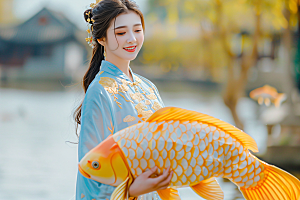 锦鲤汉服美女肖像吉祥素材