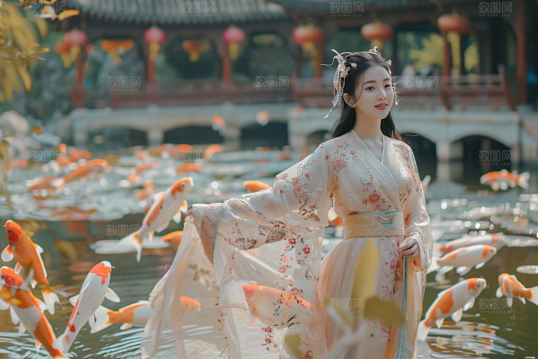 锦鲤汉服美女中国风古风素材