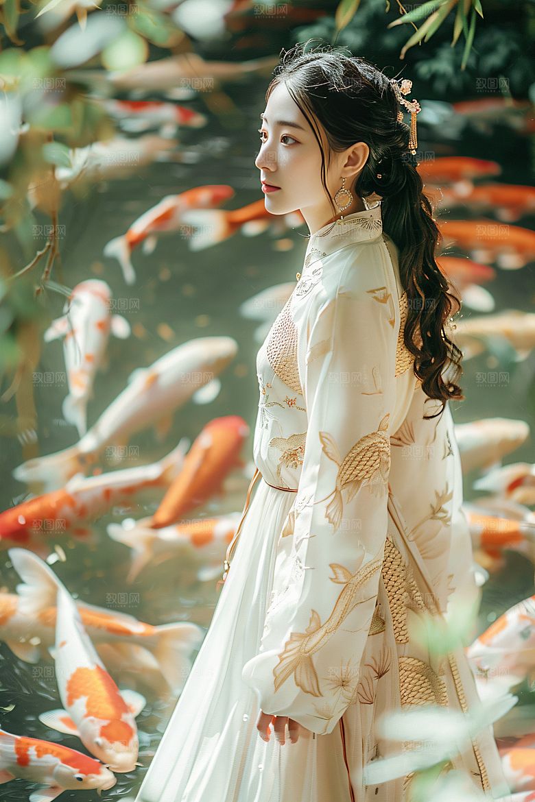 锦鲤汉服美女古风吉祥素材