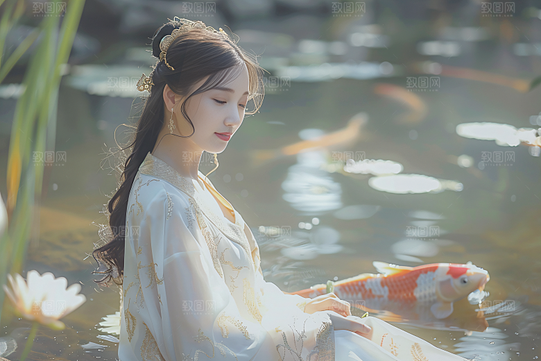 锦鲤汉服美女吉祥传统素材
