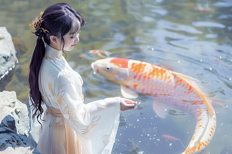锦鲤汉服美女唯美人像素材